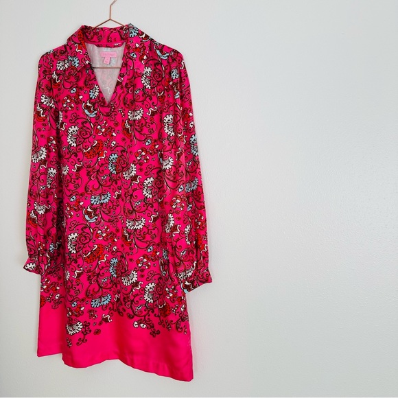 Lilly Pulitzer Wayles Hotty Pink Ring My Chimes Silk Tunic Shirt Dress Polo boho - Picture 9 of 12